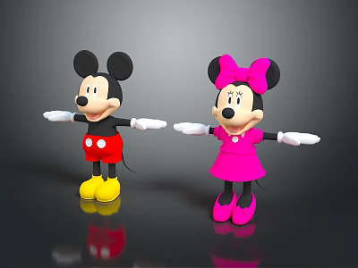 Cute Mickey and Minnie Dolls with Red Shorts Pink Dress Bow and Yellow Shoes Standing 3d model