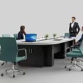 Modern Office Conference Table With Black Chairs Documents Laptop And Potted Plant