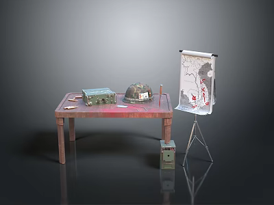 Military Weapons Display with Green Ammo Box Helmet Bullets on Wooden Table and Tripod Map 3d model