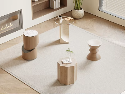 Modern Wooden Bedside Table With Simple Design And Green Plant Decor 3d model