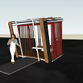 Small Modern Booth With Wooden Frame Red Railings And Transparent Roof Near Person