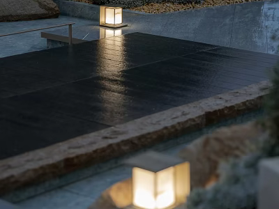 Outdoor Lantern Style Lights Illuminating Wet Stone Pavement In Evening Garden With Natural Surroundings 3d model