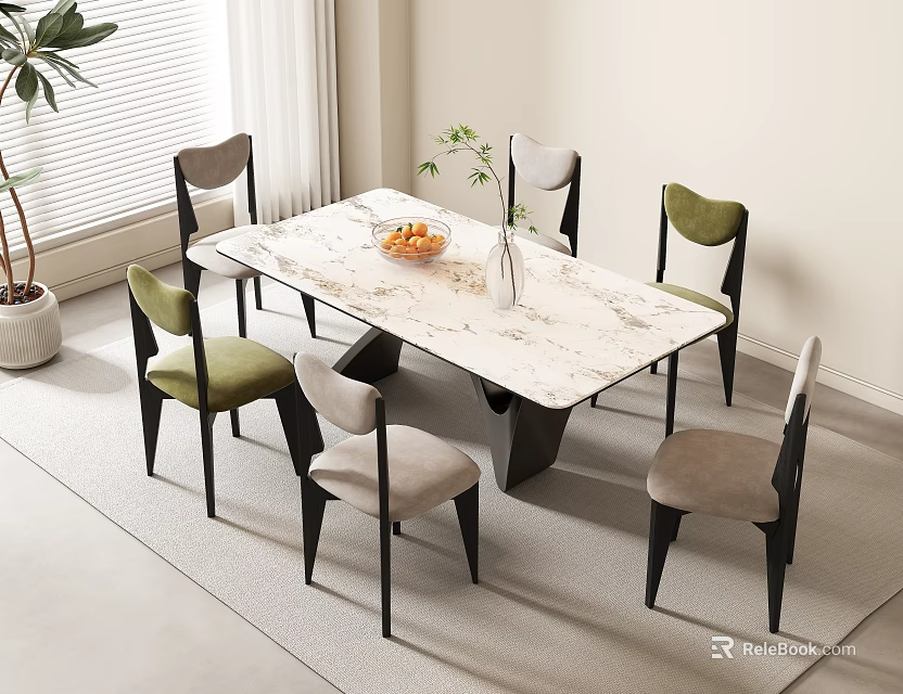 Dining Table Set Featuring Marble Top Six Green Beige Chairs Black Legs Fruit Bowl Vase 3d model 