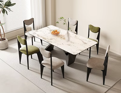 Dining Table Set Featuring Marble Top Six Green Beige Chairs Black Legs Fruit Bowl Vase 3d model