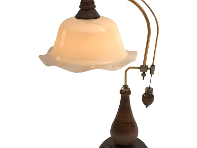 Vintage Table Lamp With White Glass Shade And Brass Metal Arm Wooden Base 3d model