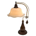 Vintage Table Lamp With White Glass Shade And Brass Metal Arm Wooden Base