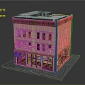 Cartoon Three Story Building Model With Beige Facade Brown Decorative Lines And Shop Fronts