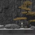 Gray Stone Landscape Wall Design With Lighted Recesses Golden Pine Tree Stones And Stone Lantern