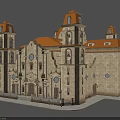 Historic Church Building Featuring Stone Facade Orange Roof and Bell Towers with Crosses