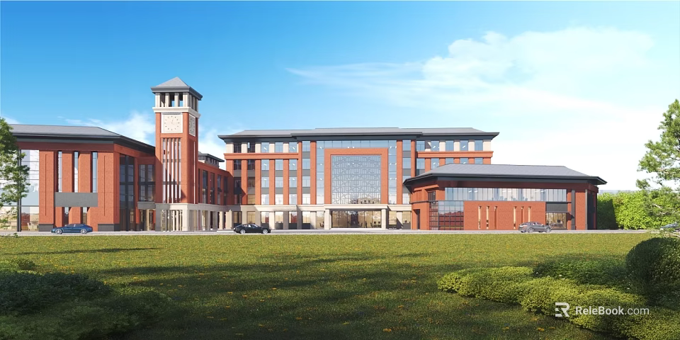 Red Brick School Building With Clock Tower Large Glass Windows And Green Lawn On Campus 3d model 