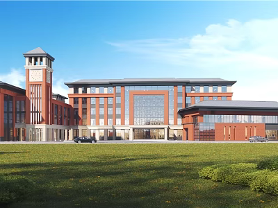 Red Brick School Building With Clock Tower Large Glass Windows And Green Lawn On Campus 3d model