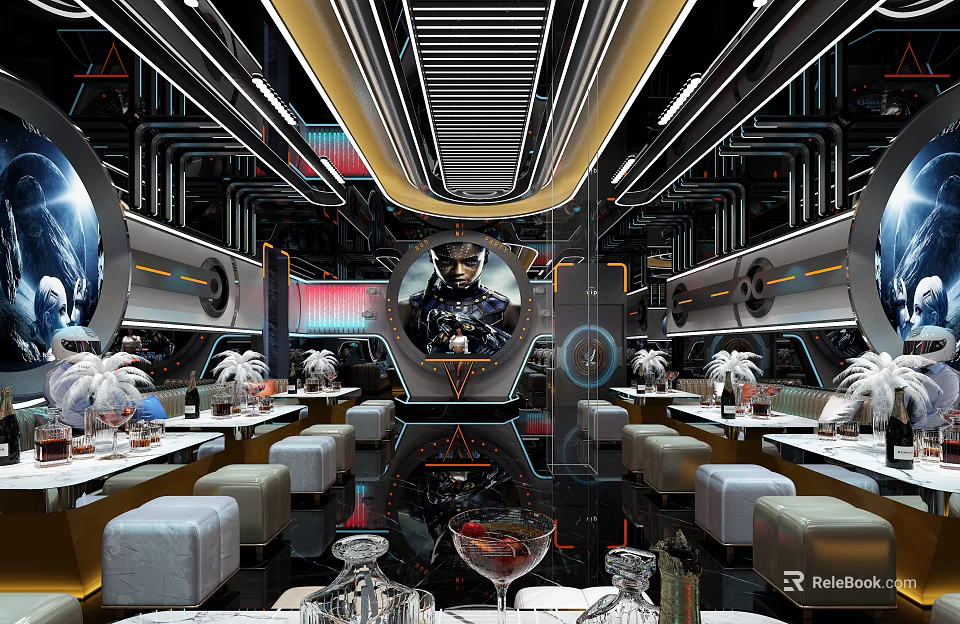 Modern Tech KTV Interior Design With Dynamic Lighting And Comfortable Sofa Seats 3d model