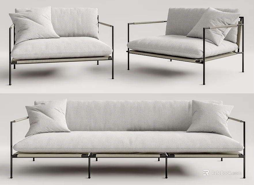 Modern Light Gray Three Piece Sofa Set With Metal Frame And Soft Cushions 3d model 