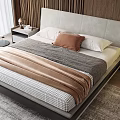 Modern Double Bed With Upholstered Headboard Plaid Bedspread Wooden Slat Wall And Orange Pillow