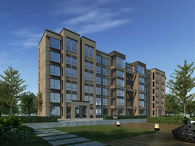 Modern Multi story Residential Building Exterior with Large Glass Windows Green Trees and Lawn Pathway 3d model