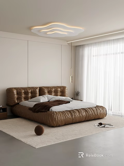 Modern Bedroom Interior With Brown Tufted Bed White Curtains And Soft Rug 3d model 