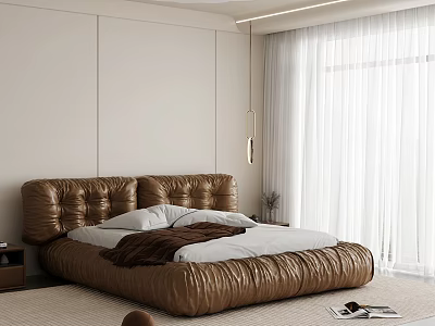 Modern Bedroom Interior With Brown Tufted Bed White Curtains And Soft Rug 3d model