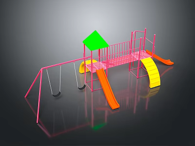 Colorful Playground Structure With Pink Frame Green Roof Yellow Orange Slides And Swings 3d model