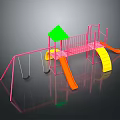 Colorful Playground Structure With Pink Frame Green Roof Yellow Orange Slides And Swings