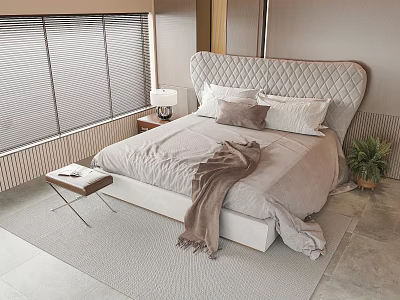 Modern Double Bed with Quilted Headboard Bedding Bedside Table Lamp Window Blinds and Plant 3d model