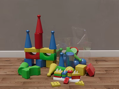 Colorful Building Blocks With Various Shapes And Colors Scattered On Wooden Floor Gray Wall 3d model
