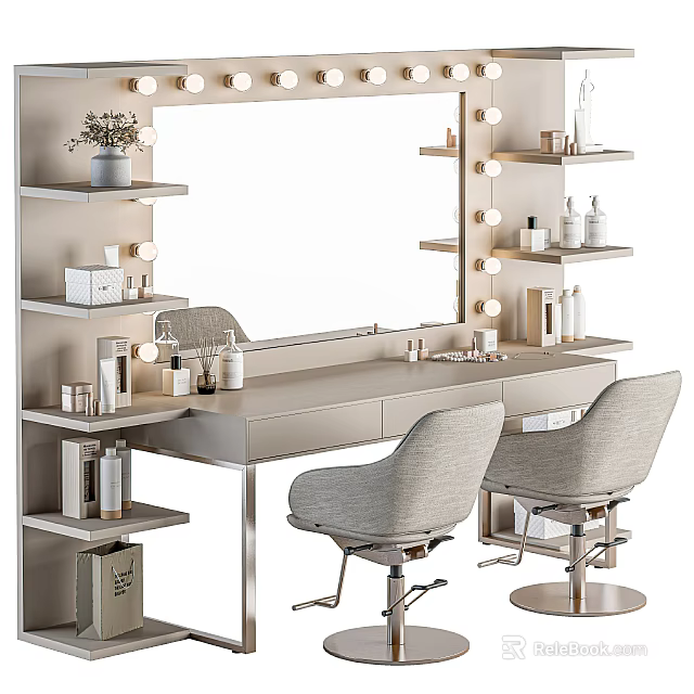 Modern Dressing Table With Light Bulb Mirror and Side Shelves Holding Cosmetics and Two Chairs 3d model 