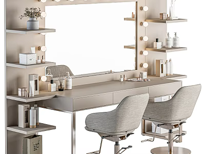 Modern Dressing Table With Light Bulb Mirror and Side Shelves Holding Cosmetics and Two Chairs 3d model