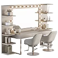 Modern Dressing Table With Light Bulb Mirror and Side Shelves Holding Cosmetics and Two Chairs