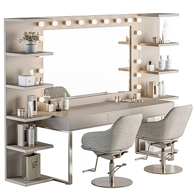 Modern Dressing Table With Light Bulb Mirror and Side Shelves Holding Cosmetics and Two Chairs 3d model