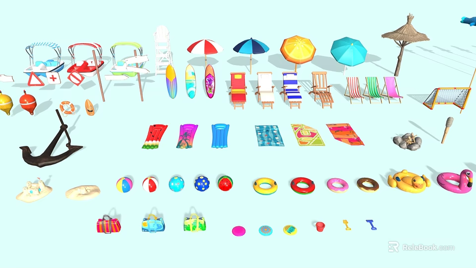 Essential Beach Sports Equipment Including Beach Chairs Umbrellas Life Rings Surfboards And Float Boards 3d model 
