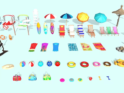 Essential Beach Sports Equipment Including Beach Chairs Umbrellas Life Rings Surfboards And Float Boards 3d model