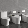 Modern White Toilets In Bathroom With Gray Wall Background And Sleek Design