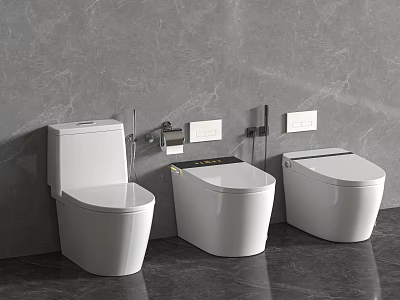 Modern White Toilets In Bathroom With Gray Wall Background And Sleek Design 3d model