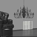 Classic Black Chandelier With Multiple Lights In Living Room Interior And Leather Sofa Open Book