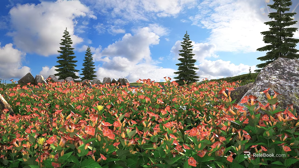 Scenic Flower Field with Red Orange Flowers Tall Pine Trees Blue Sky and Rocky Edges 3d model 