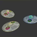 Three Metallic Disc Shaped Objects With Shiny Surface And Red Circular Elements On Dark Background