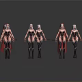 Group of Female Characters with White Hair Red Capes and Black Boots Holding Weapons