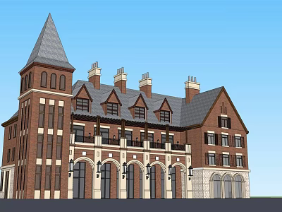 Historic Red Brick Building With Spire Tower Chimneys Arched Windows And Porch 3d model
