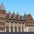 Historic Red Brick Building With Spire Tower Chimneys Arched Windows And Porch