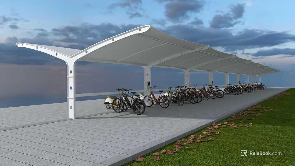 Modern White Canopy Covered Bicycle Parking With Slate Floor And Multiple Bikes 3d model 