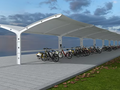 Modern White Canopy Covered Bicycle Parking With Slate Floor And Multiple Bikes 3d model