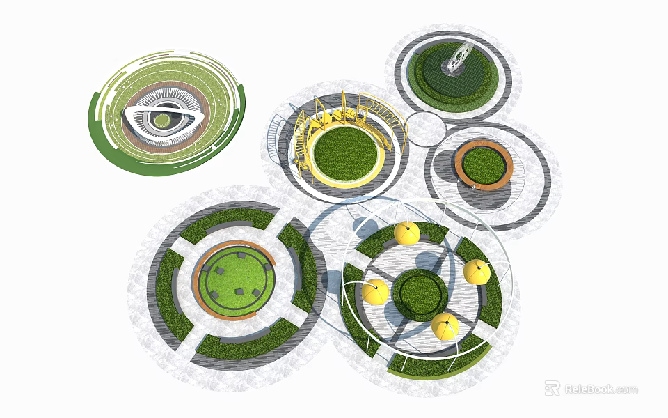 Park Landscape Design With Multiple Circular Green Lawns And Pathways 3d model