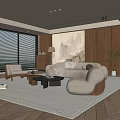 Modern Living Room Interior Design With Large Windows Blinds Sofa Rug Armchair And Wall Art