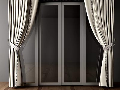 Elegant Cream Curtains With Tieback Details For Glass Door Room Interior Design 3d model