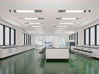 Modern Spacious Laboratory Interior With Bright Lighting Workbenches Windows And Equipment 3d model