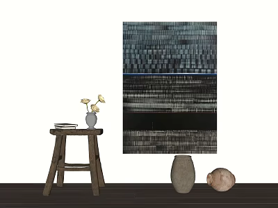 Abstract Painting Wall Art with Wooden Stool Vase Flowers and Stone Ornaments 3d model