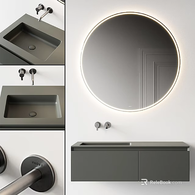 Modern Gray Washbasin with Backlit Round Mirror Faucet and Cabinet Design 3d model 