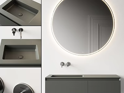 Modern Gray Washbasin with Backlit Round Mirror Faucet and Cabinet Design 3d model