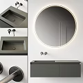Modern Gray Washbasin with Backlit Round Mirror Faucet and Cabinet Design