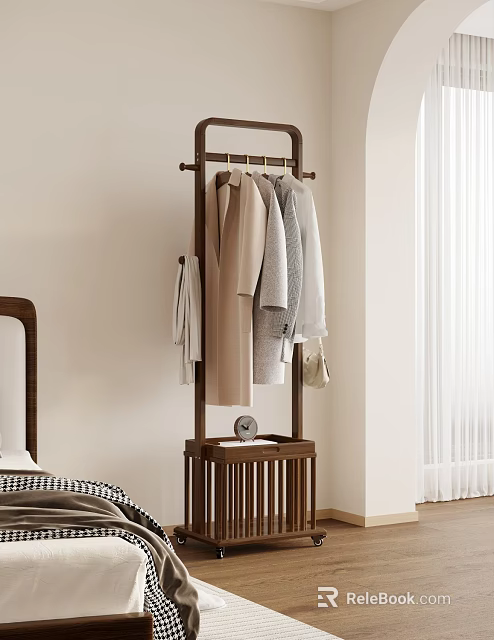 Stylish Modern Wooden Coat Rack in Bedroom with Hanging Clothes 3d model 